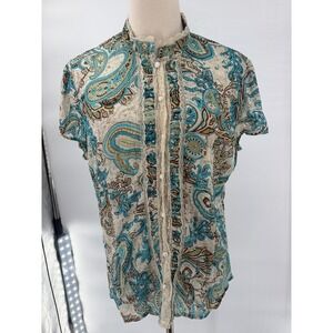 Vintage Style Paisley Lace Trim Ruffle Blouse Blue Cottagecore Whimsigoth Small